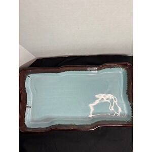 Rectangular Serving Platter Brown Rim Light Blue Center Decorative Display Tray‎